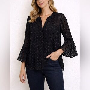 Soft Surroundings Black Sheer Burnout Polka Dot Blouse Bell Sleeves Size M